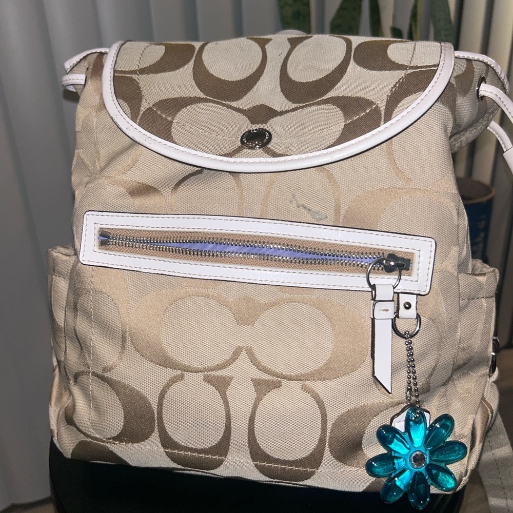 Coach Beige Signature Canvas Backpack with White Trim